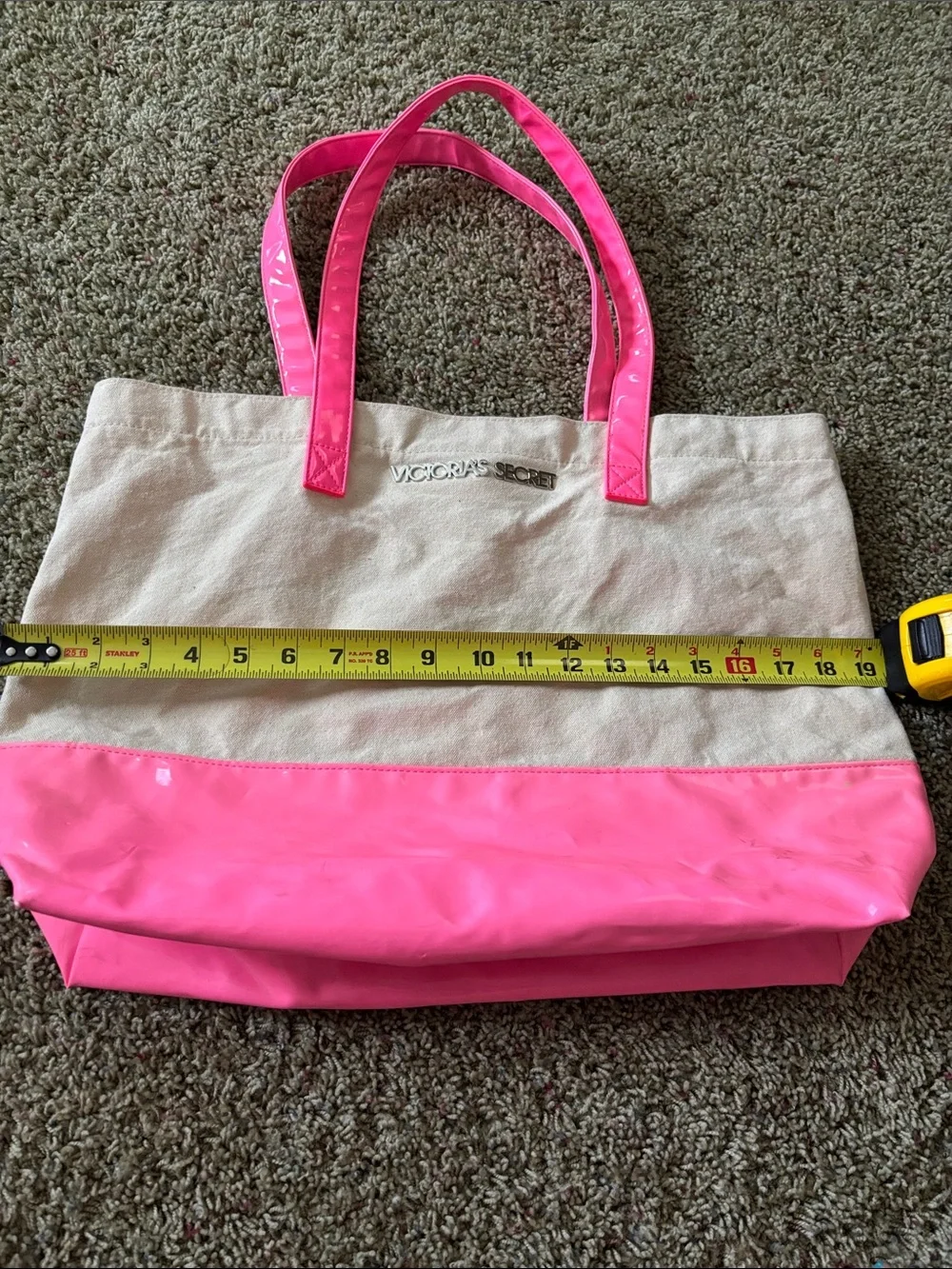 Victoria's Secret Cream & Neon Pink Canvas Beach Tote Bag